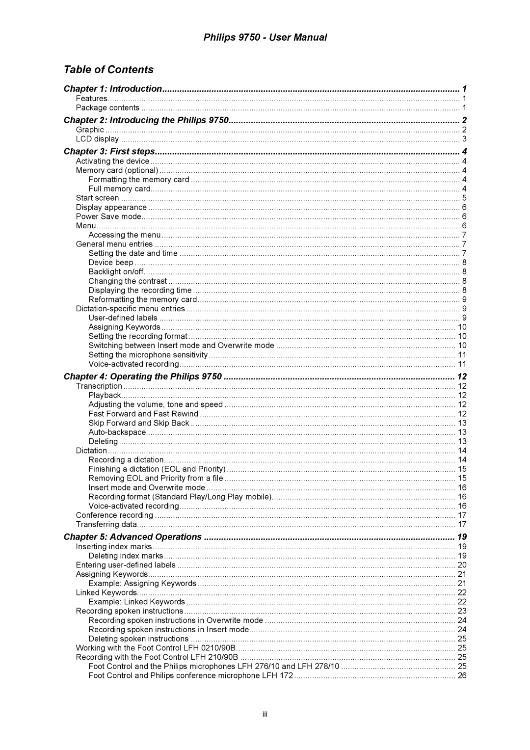 Philips 9750 user manual Table of Contents 