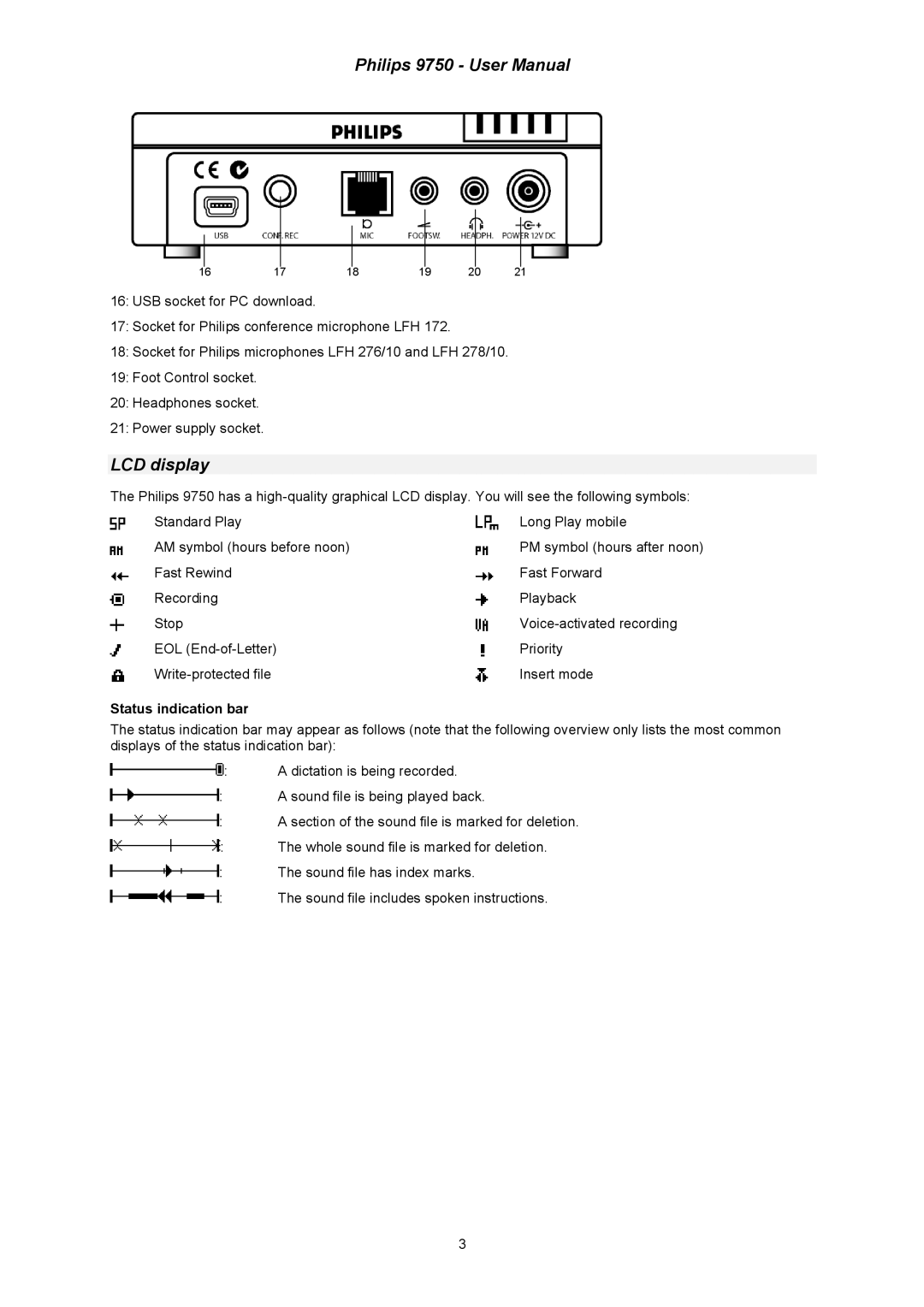 Philips 9750 user manual LCD display, Status indication bar 