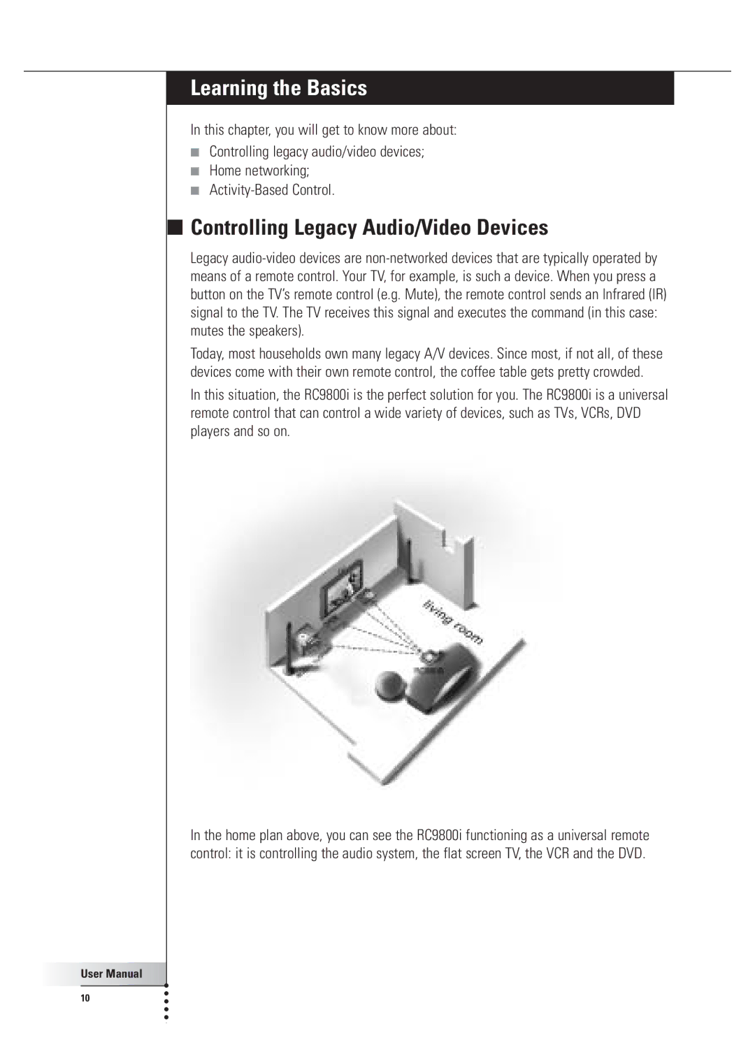 Philips 9800i user manual Learning the Basics, Controlling Legacy Audio/Video Devices 