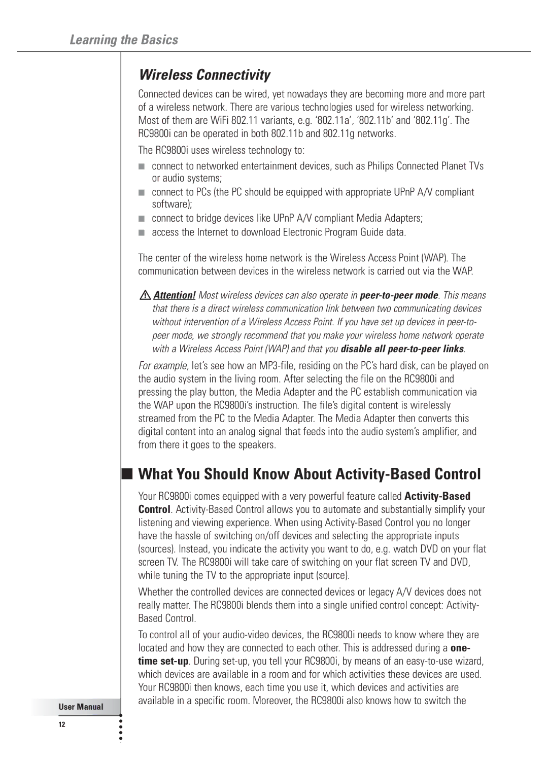 Philips 9800i user manual What You Should Know About Activity-Based Control, Wireless Connectivity 