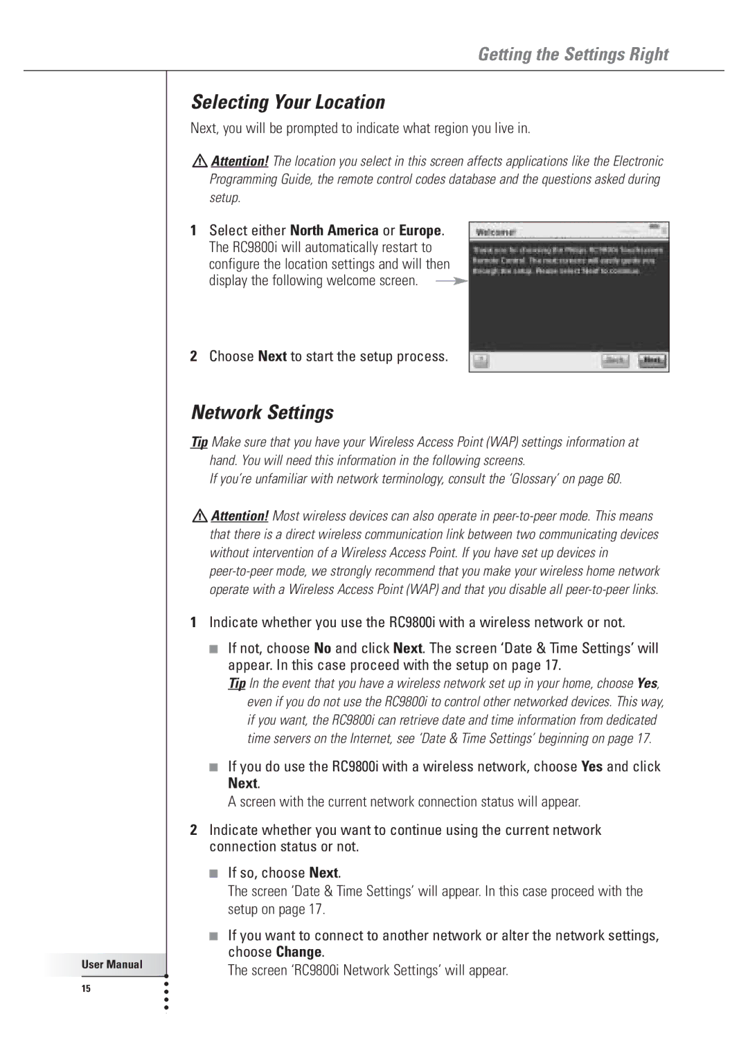 Philips 9800i Selecting Your Location, Network Settings, Next, you will be prompted to indicate what region you live 