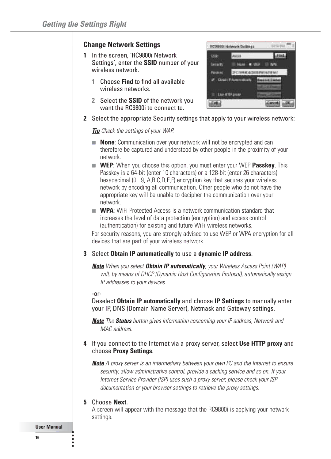 Philips 9800i user manual Change Network Settings, Select Obtain IP automatically to use a dynamic IP address 