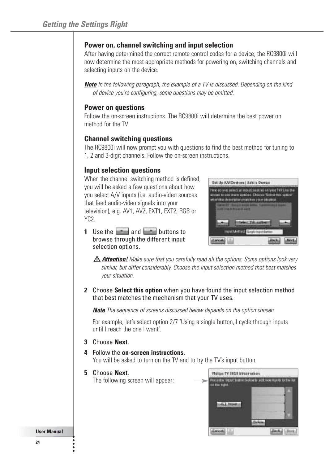 Philips 9800i user manual Power on, channel switching and input selection, Power on questions, Channel switching questions 