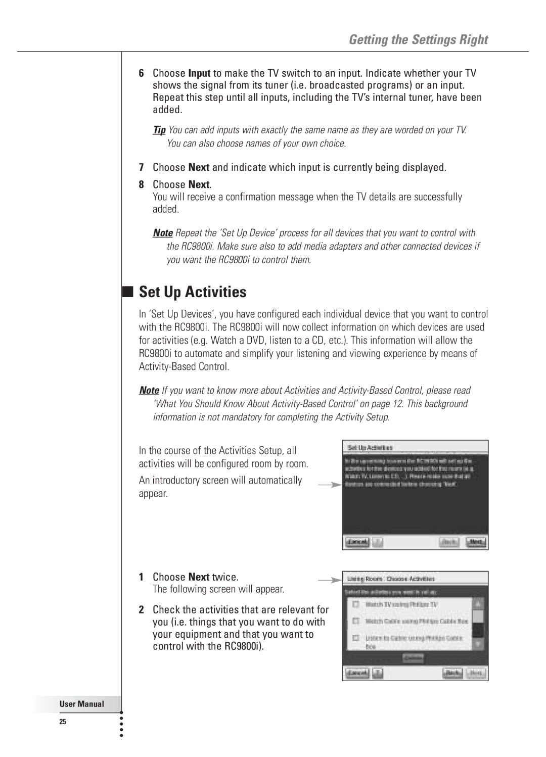 Philips 9800i user manual Set Up Activities 