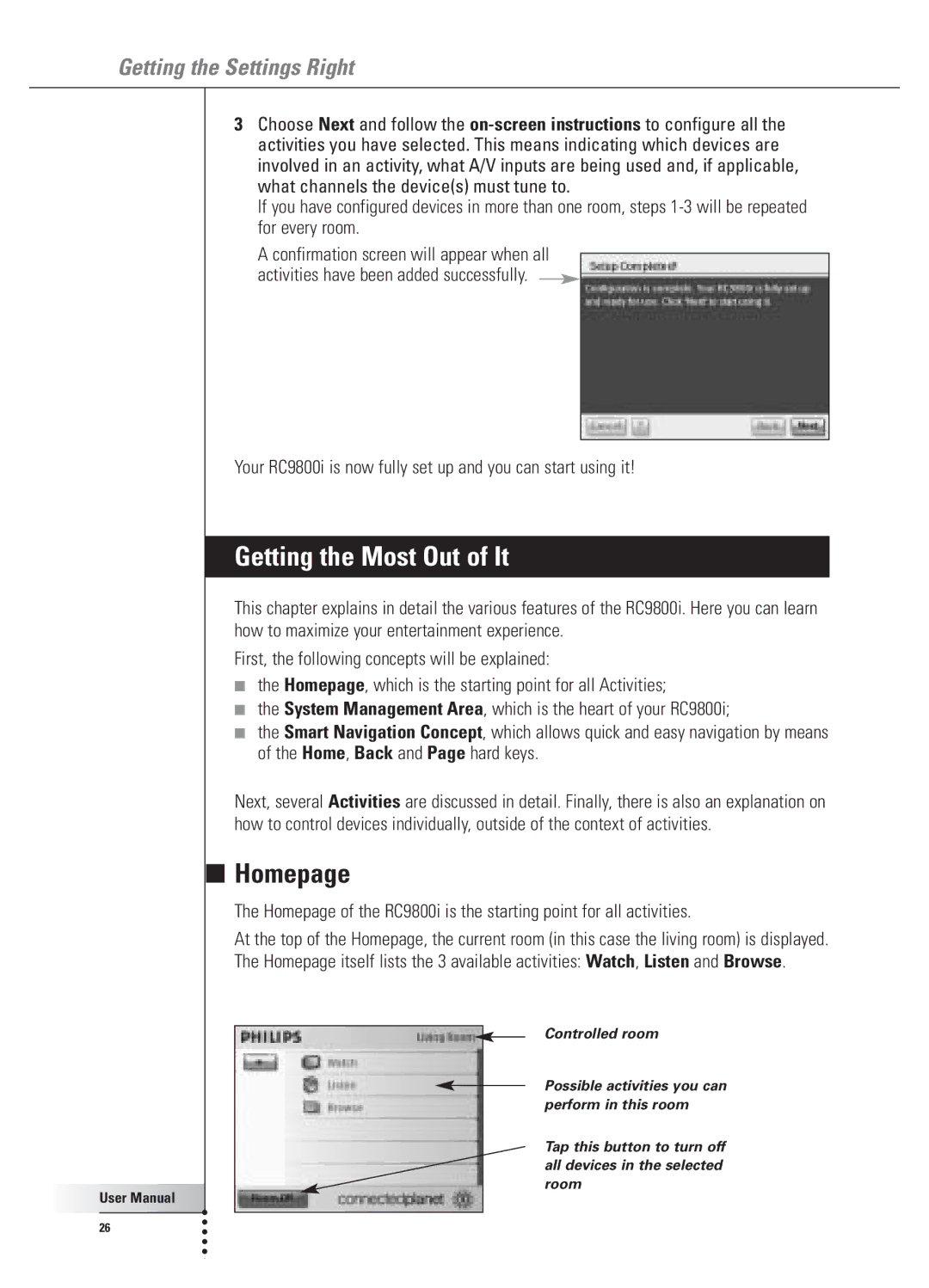 Philips user manual Getting the Most Out of It, Homepage, Your RC9800i is now fully set up and you can start using it 