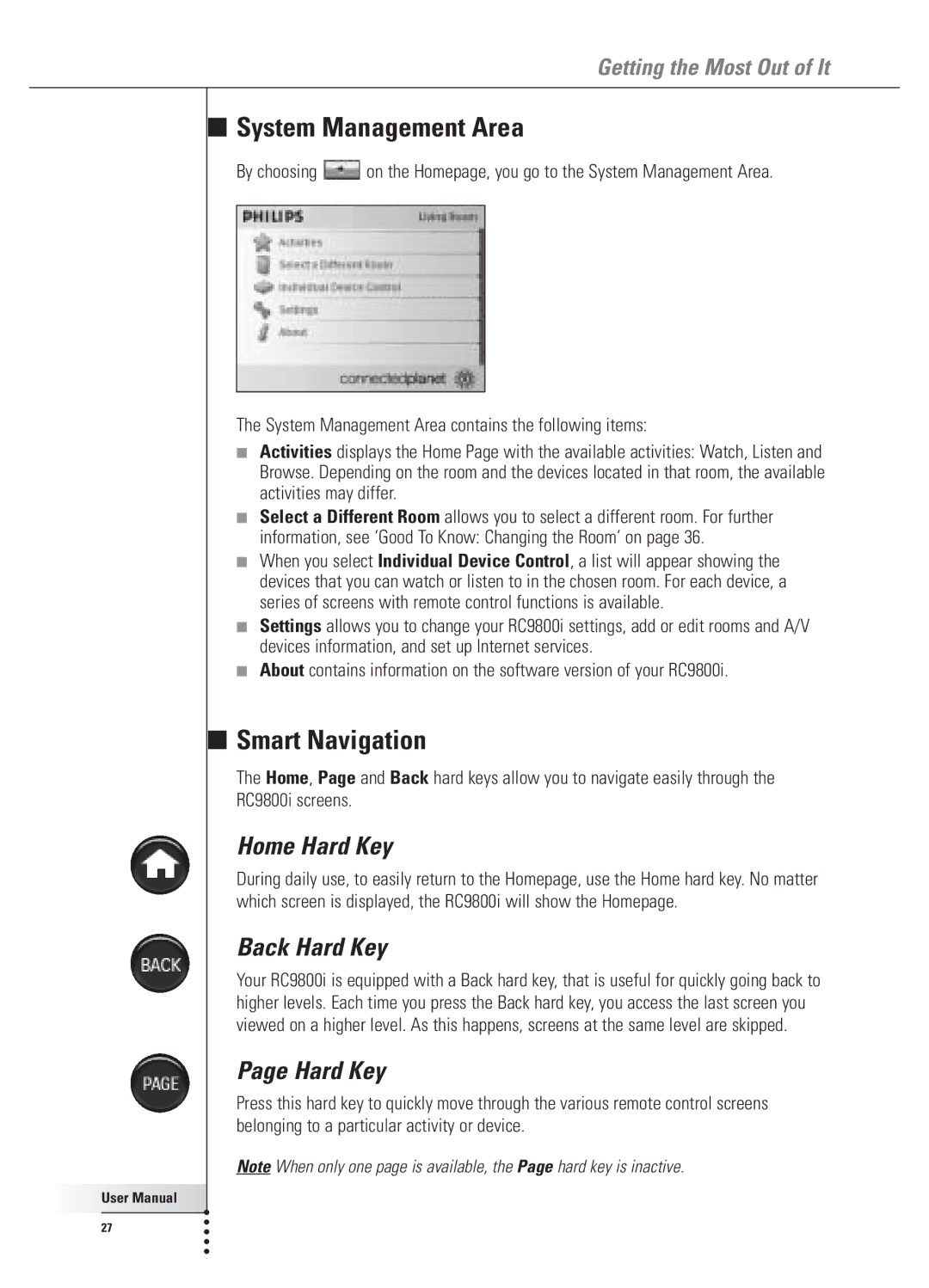 Philips 9800i user manual System Management Area, Smart Navigation, Home Hard Key, Back Hard Key 