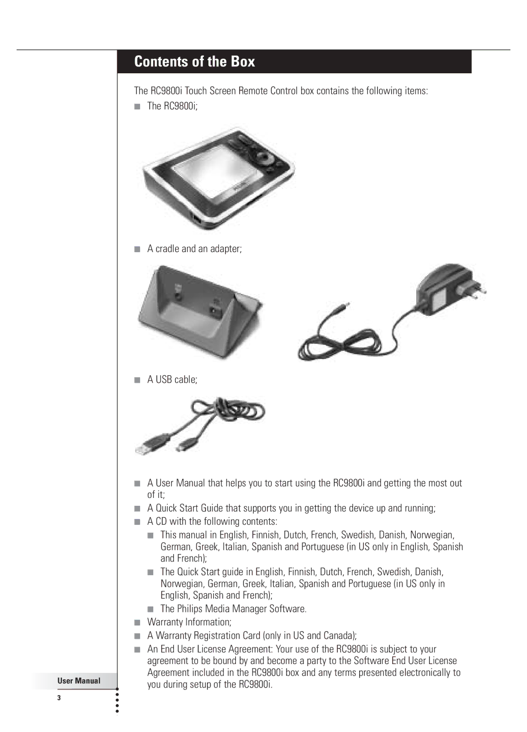 Philips 9800i user manual Contents of the Box 