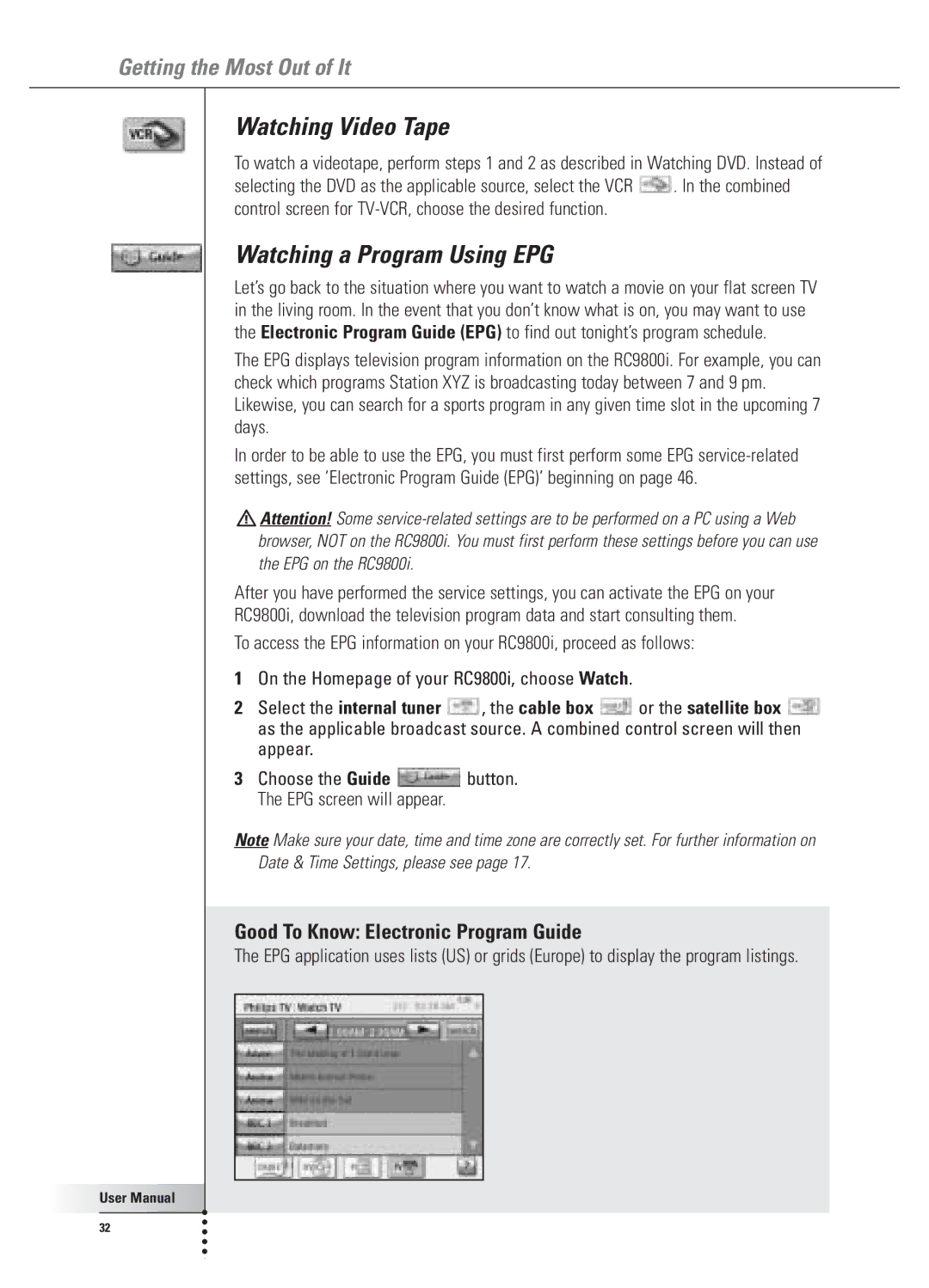 Philips 9800i user manual Watching Video Tape, Watching a Program Using EPG, Good To Know Electronic Program Guide 