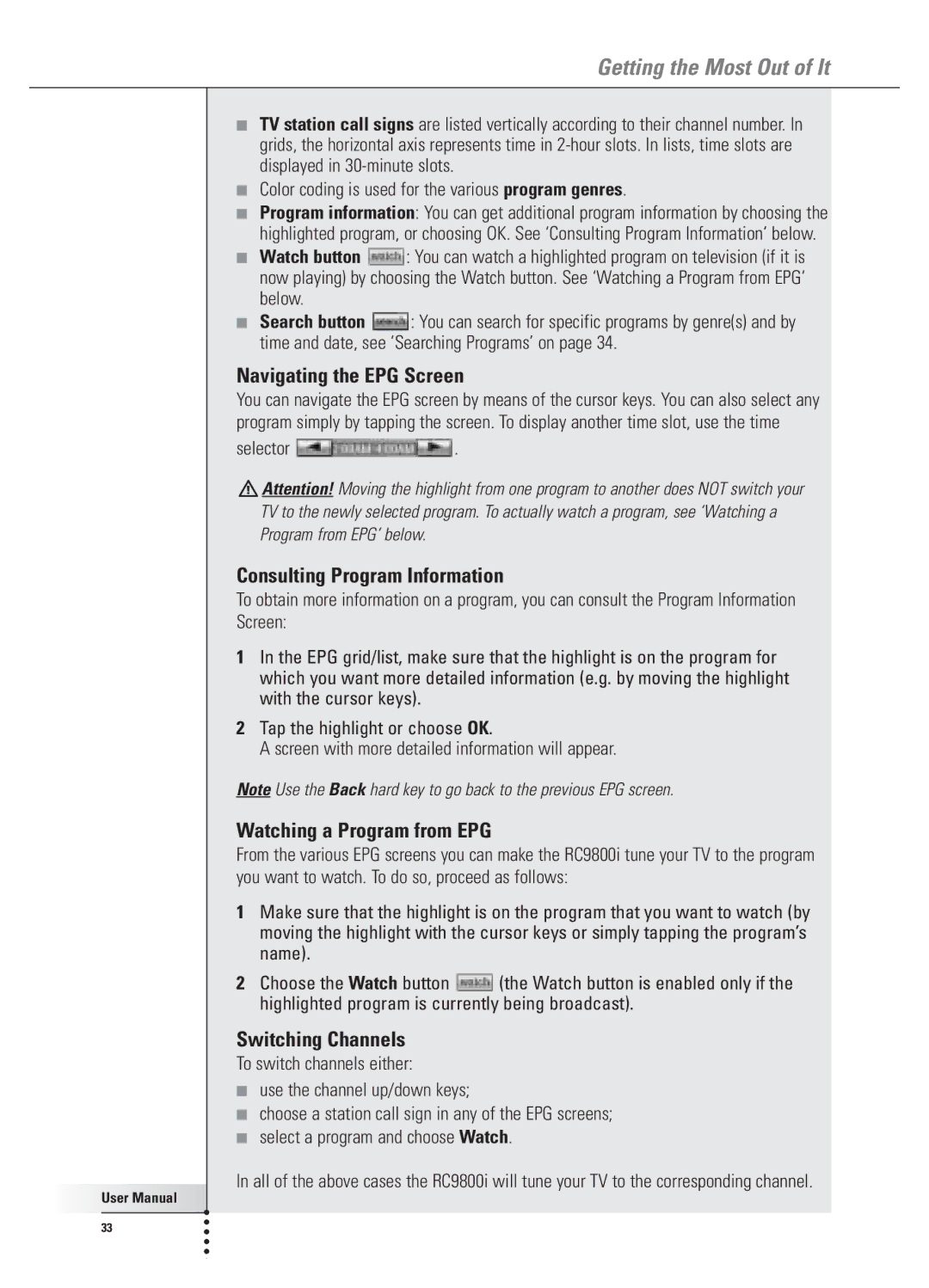 Philips 9800i Navigating the EPG Screen, Consulting Program Information, Watching a Program from EPG, Switching Channels 