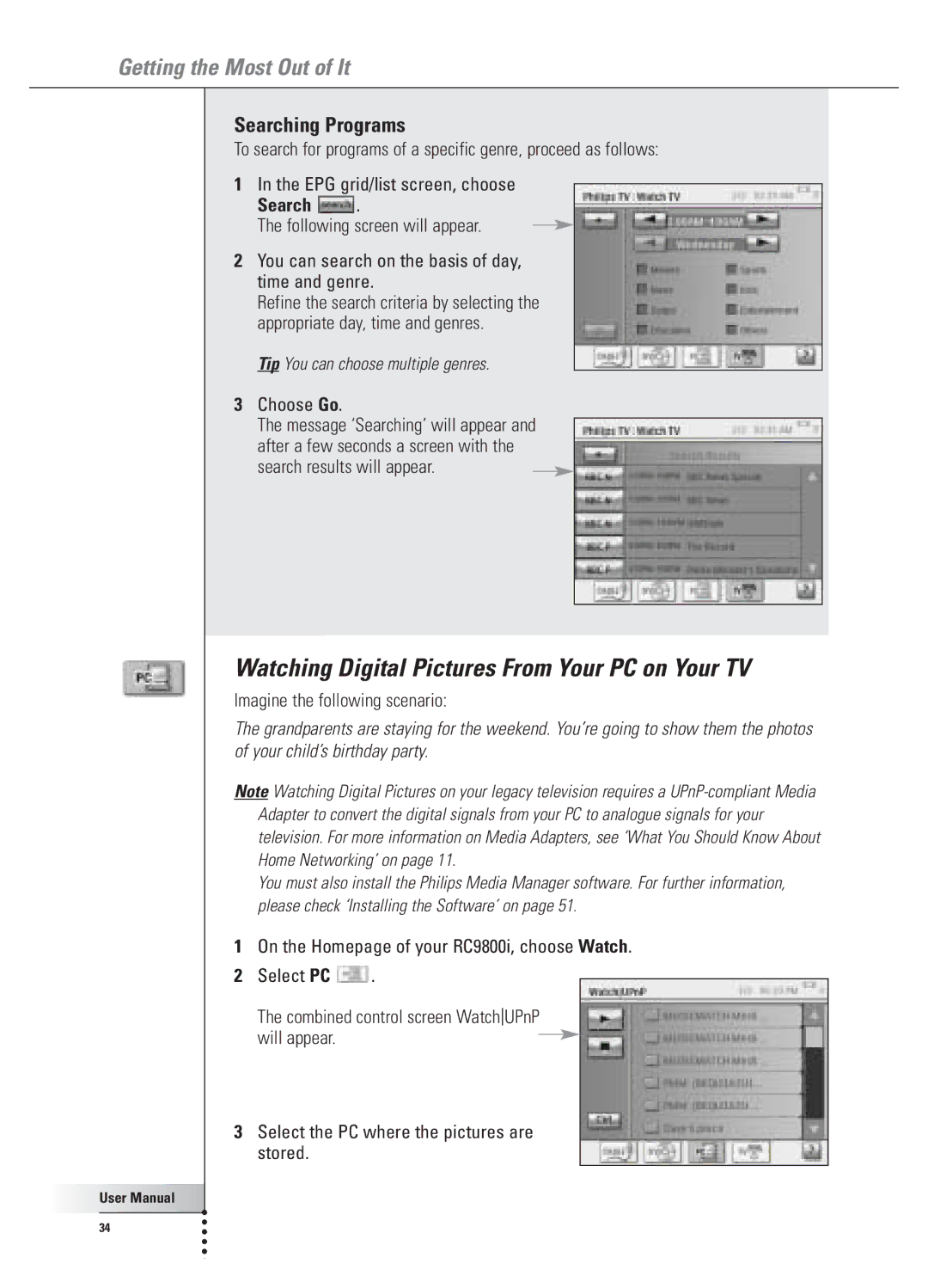 Philips 9800i user manual Watching Digital Pictures From Your PC on Your TV, Searching Programs, Choose Go 