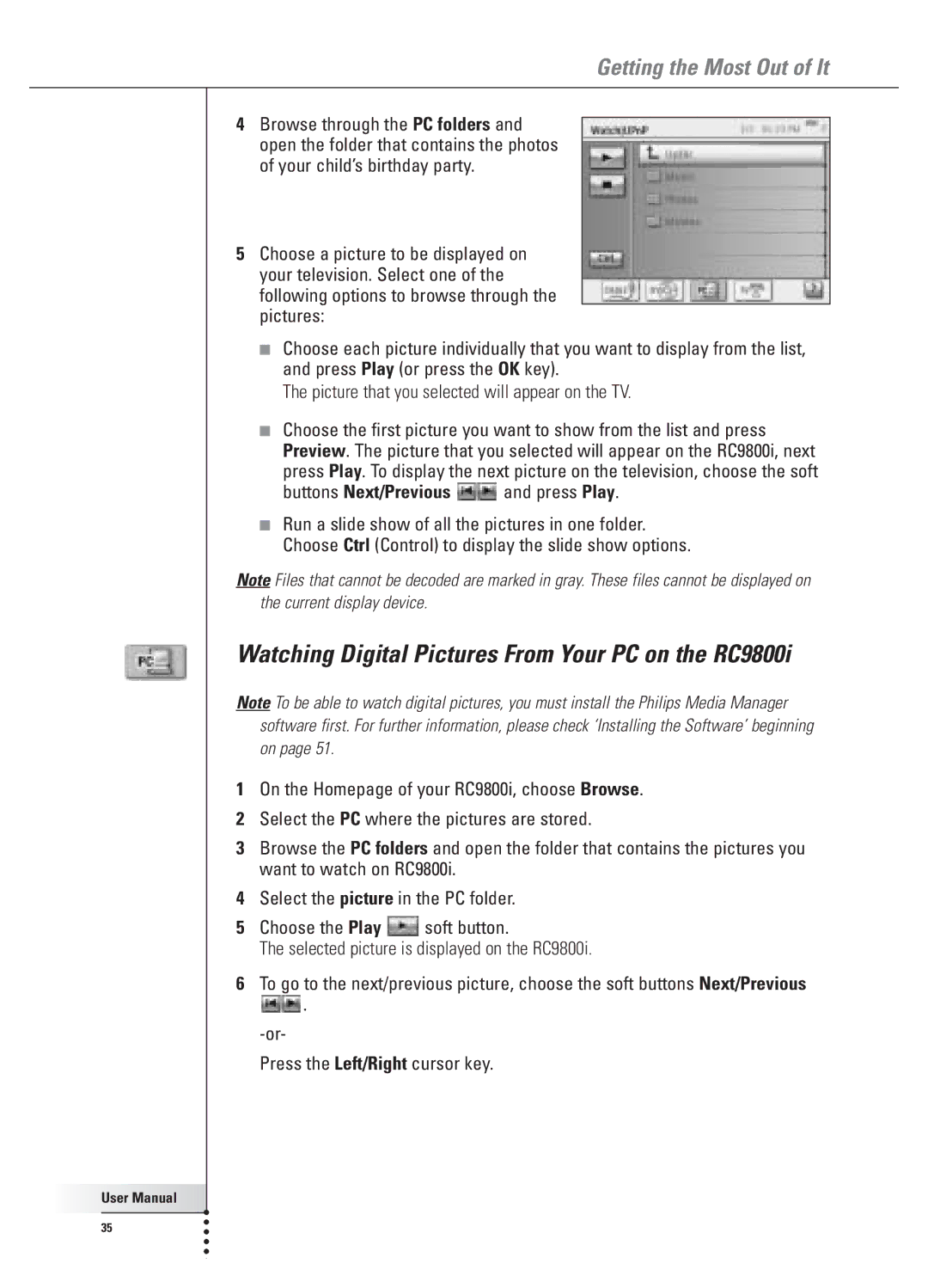 Philips user manual Watching Digital Pictures From Your PC on the RC9800i 