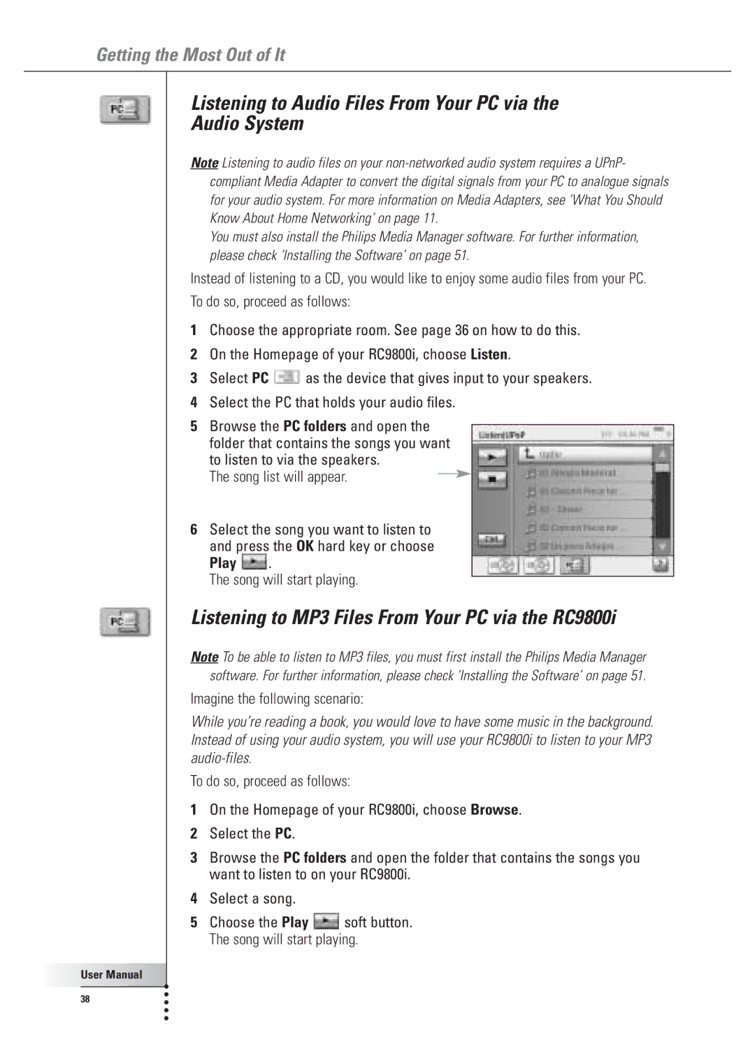 Philips Listening to Audio Files From Your PC via Audio System, Listening to MP3 Files From Your PC via the RC9800i 