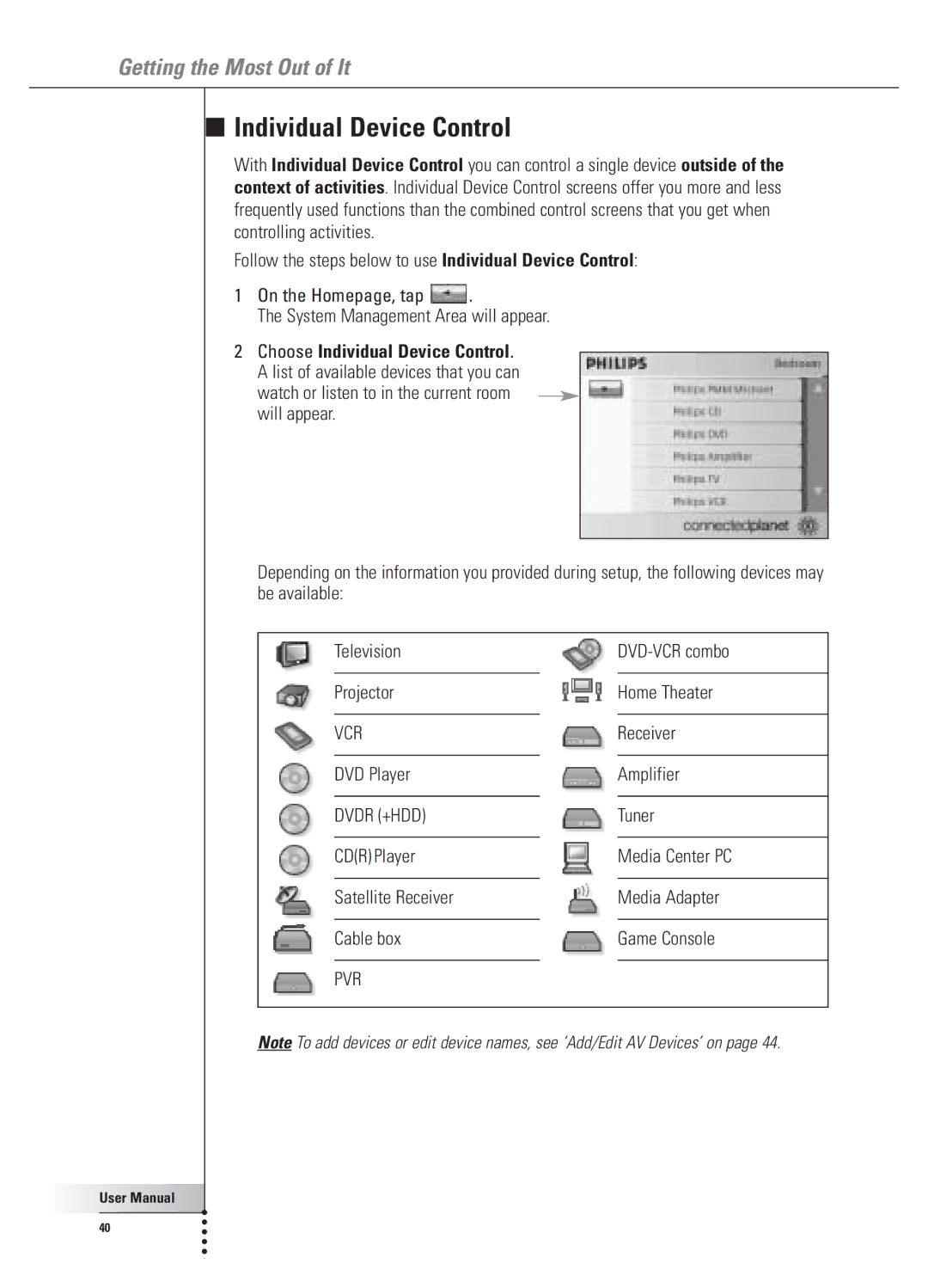 Philips 9800i user manual Choose Individual Device Control, DVD Player Amplifier 