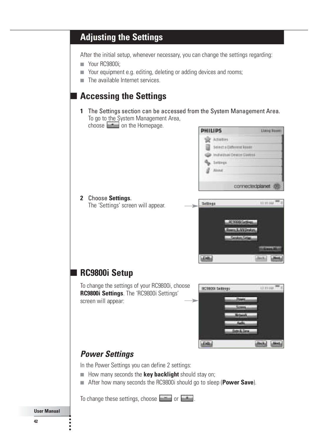 Philips user manual Adjusting the Settings, Accessing the Settings, RC9800i Setup, Power Settings, Choose Settings 