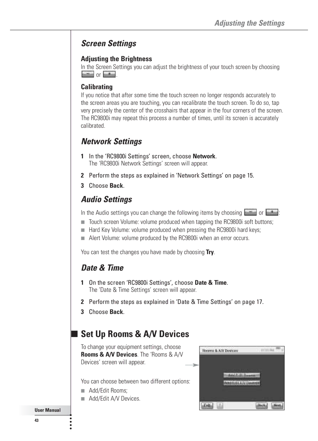 Philips 9800i user manual Set Up Rooms & A/V Devices, Screen Settings, Audio Settings, Date & Time 