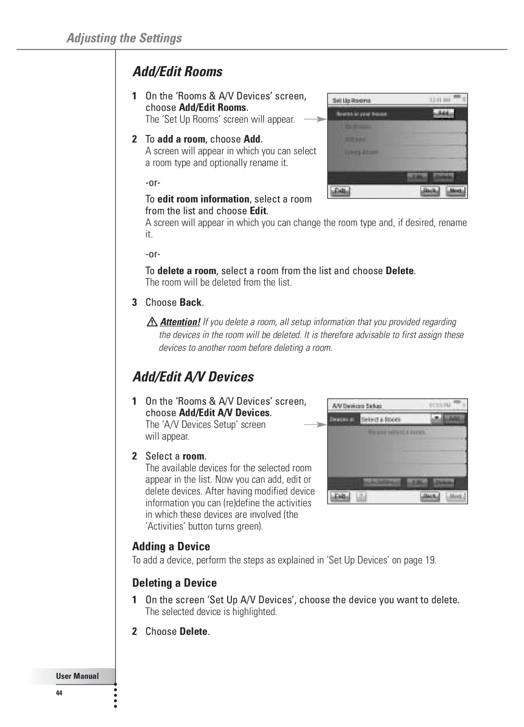 Philips 9800i user manual Add/Edit A/V Devices, Adding a Device, Deleting a Device, Choose Add/Edit Rooms 