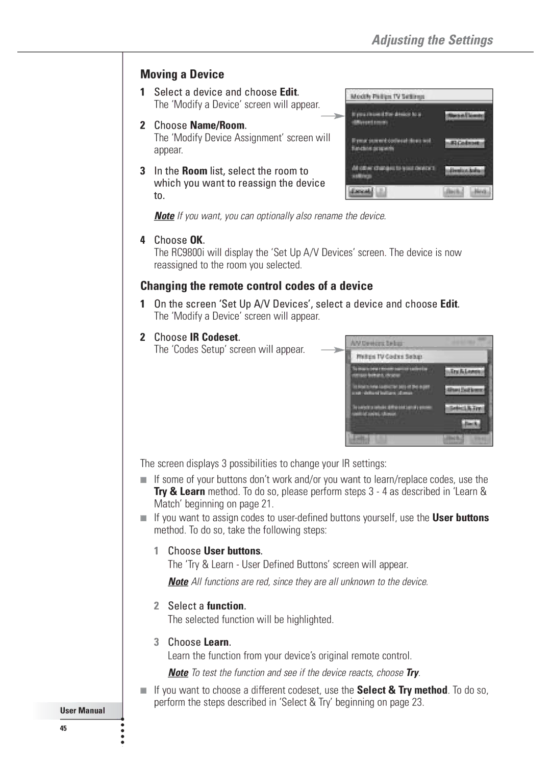 Philips 9800i Moving a Device, Changing the remote control codes of a device, Choose Name/Room, Choose IR Codeset 