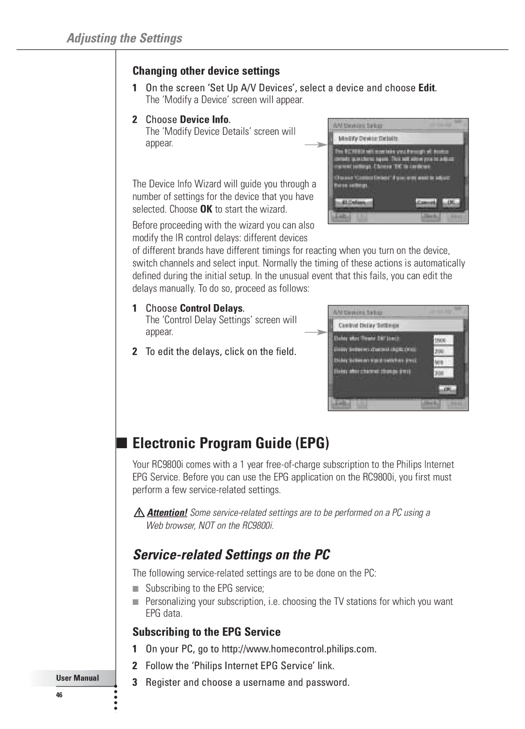 Philips 9800i user manual Electronic Program Guide EPG, Service-related Settings on the PC, Changing other device settings 