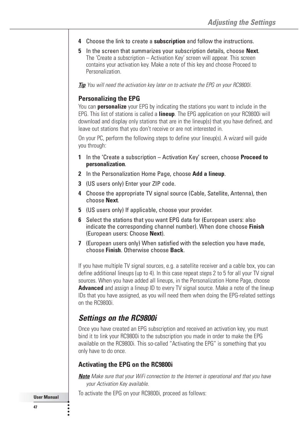 Philips user manual Settings on the RC9800i, Personalizing the EPG, Activating the EPG on the RC9800i 