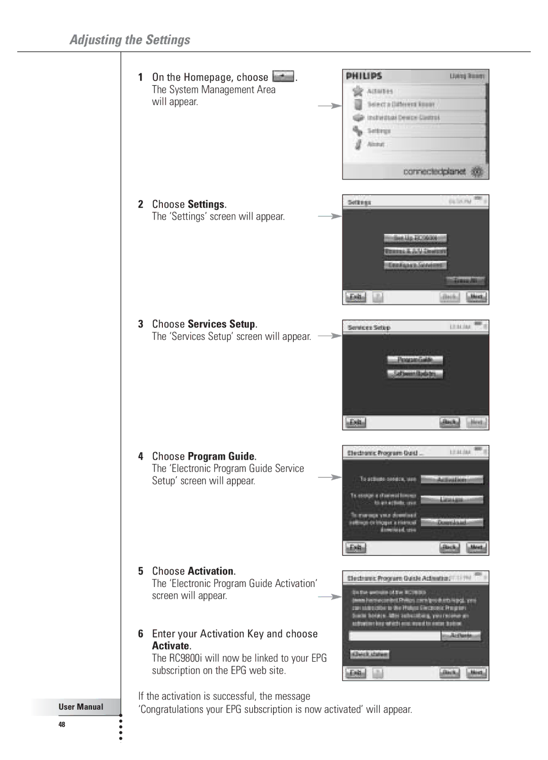 Philips 9800i Choose Services Setup, ‘Services Setup’ screen will appear, Choose Program Guide, Choose Activation 