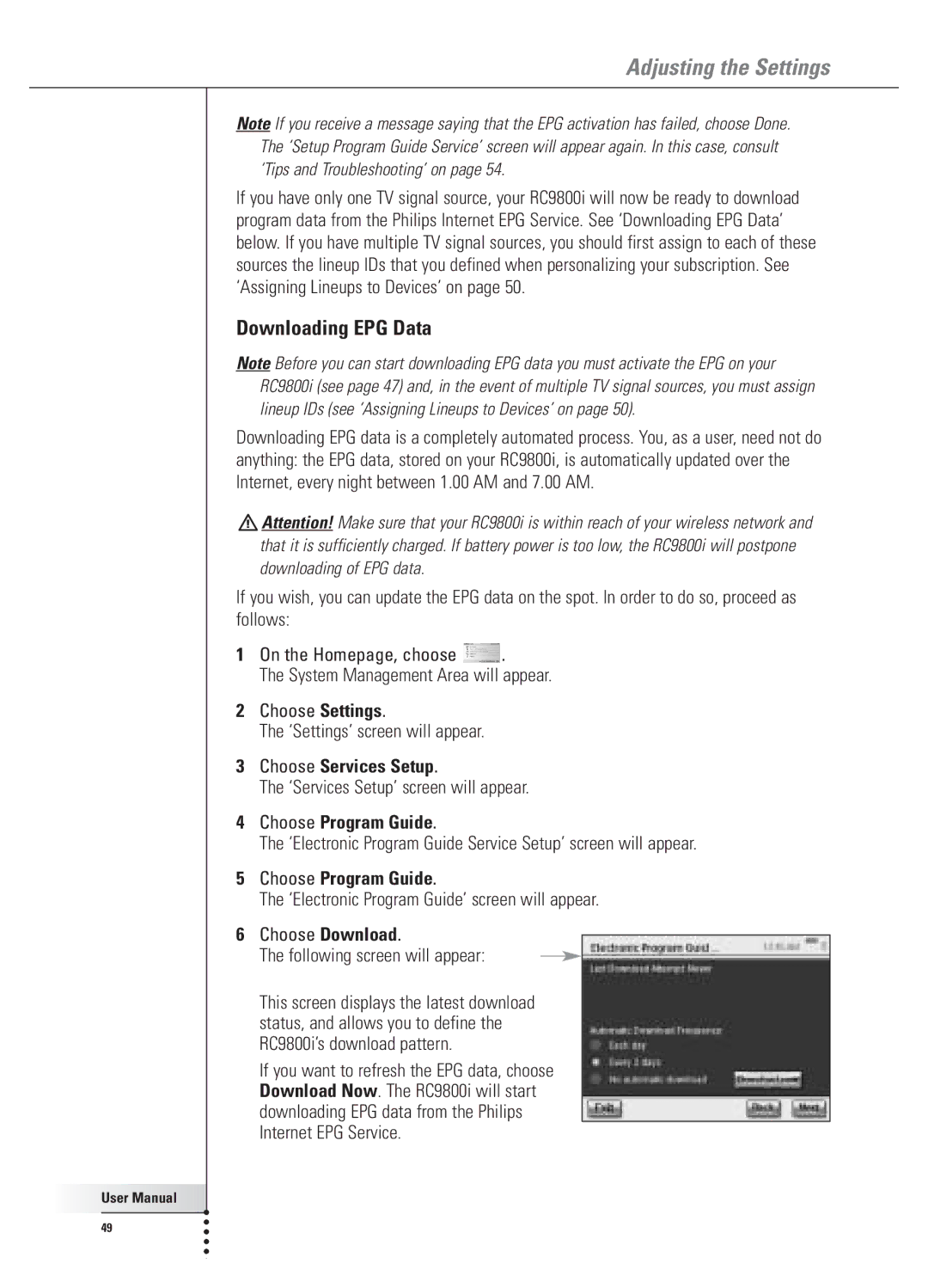 Philips 9800i user manual Downloading EPG Data 