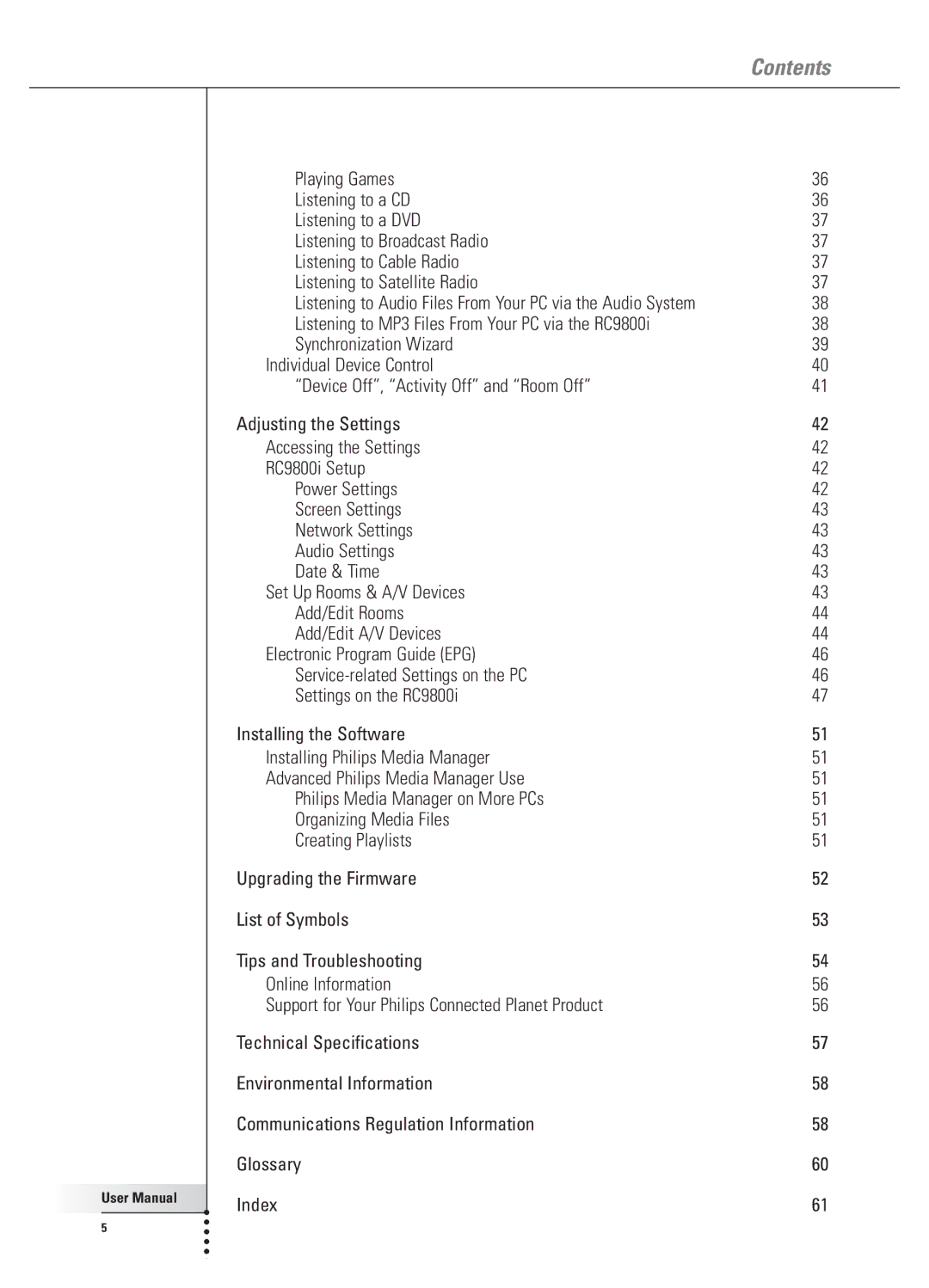 Philips 9800i user manual Contents 