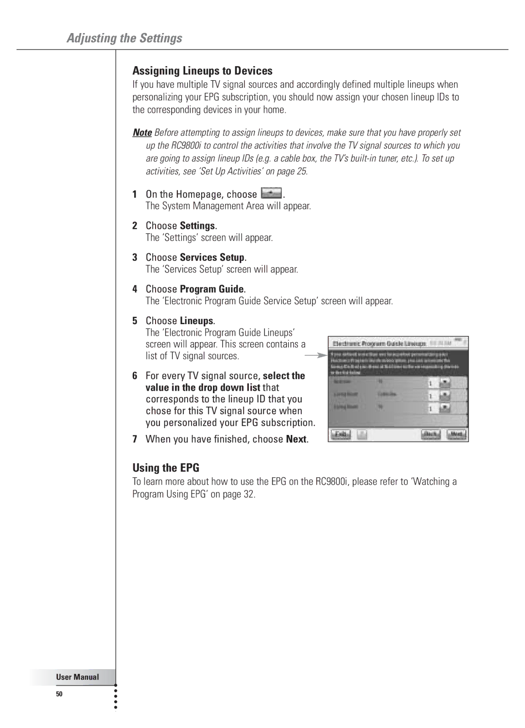 Philips 9800i Assigning Lineups to Devices, Using the EPG, List of TV signal sources, When you have finished, choose Next 