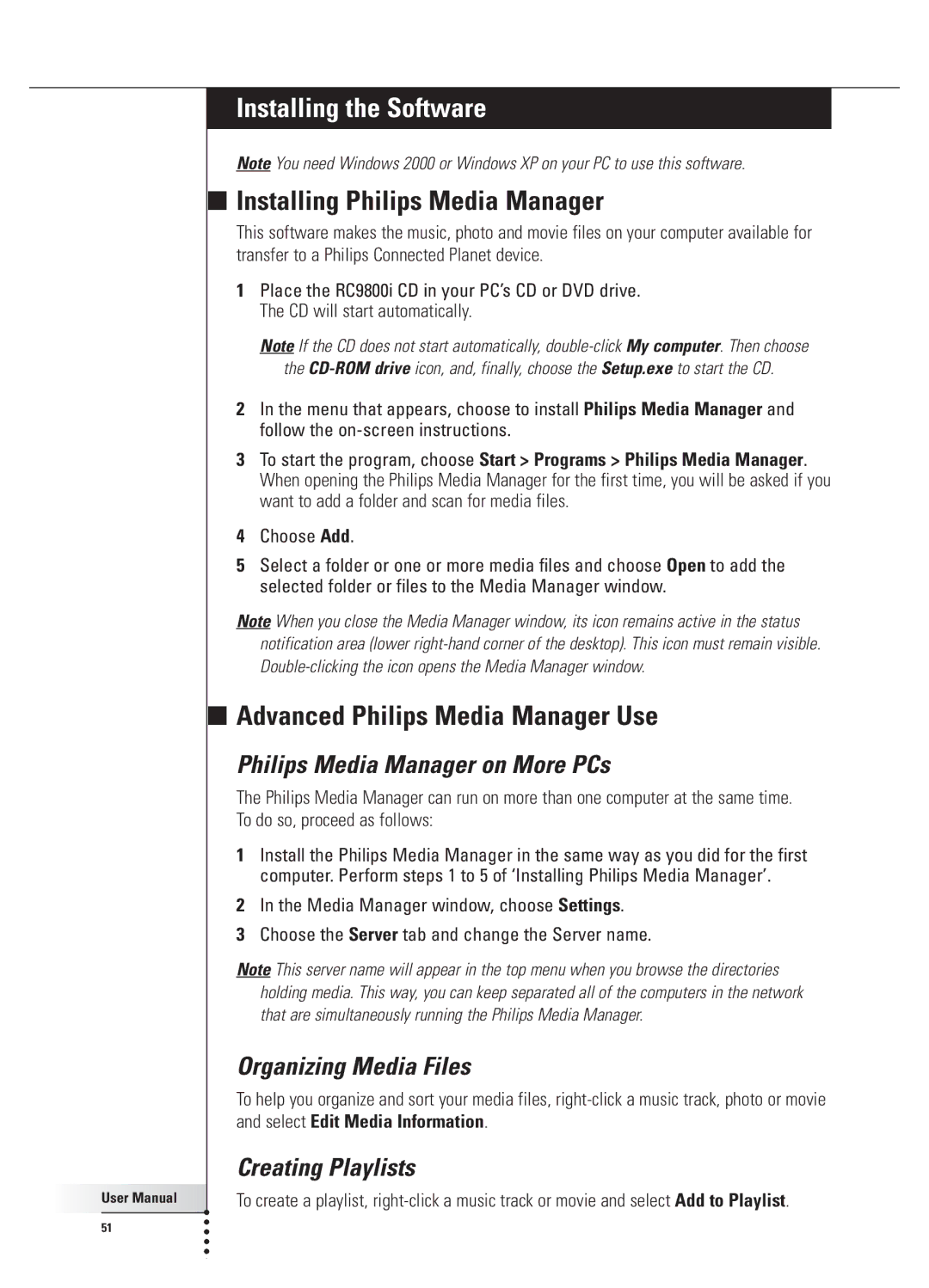 Philips 9800i user manual Installing the Software, Installing Philips Media Manager, Advanced Philips Media Manager Use 