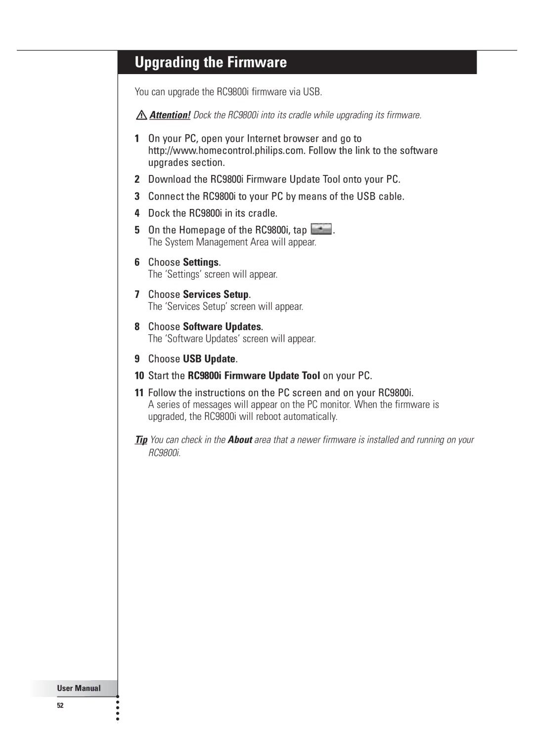 Philips 9800i user manual Upgrading the Firmware, Choose Settings ‘Settings’ screen will appear, Choose Software Updates 