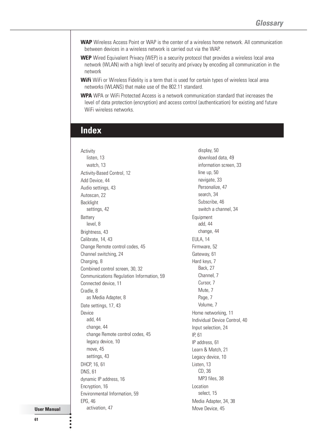 Philips 9800i user manual Index, Glossary 