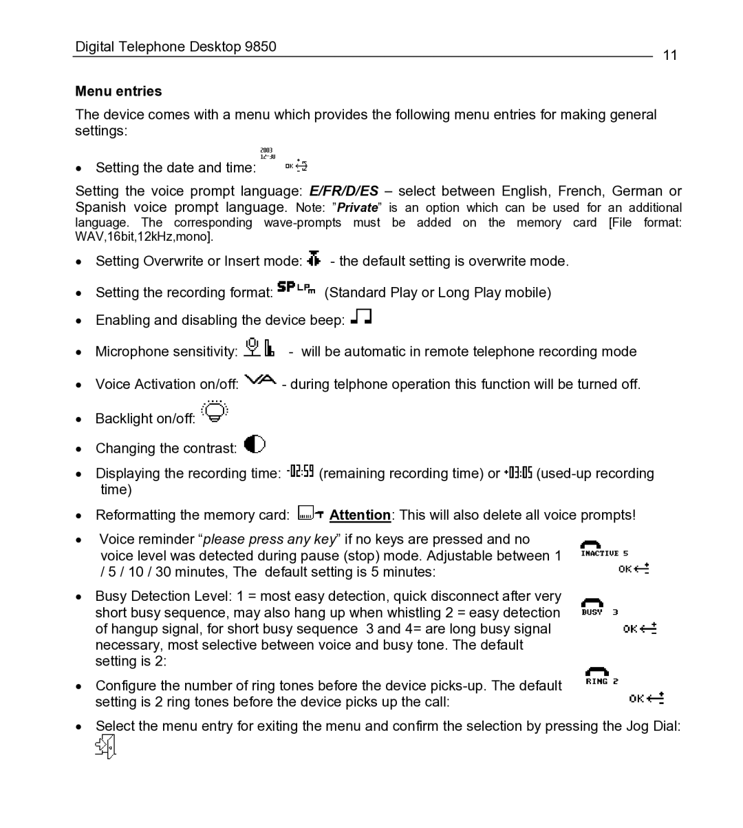 Philips 9850 manual Menu entries 