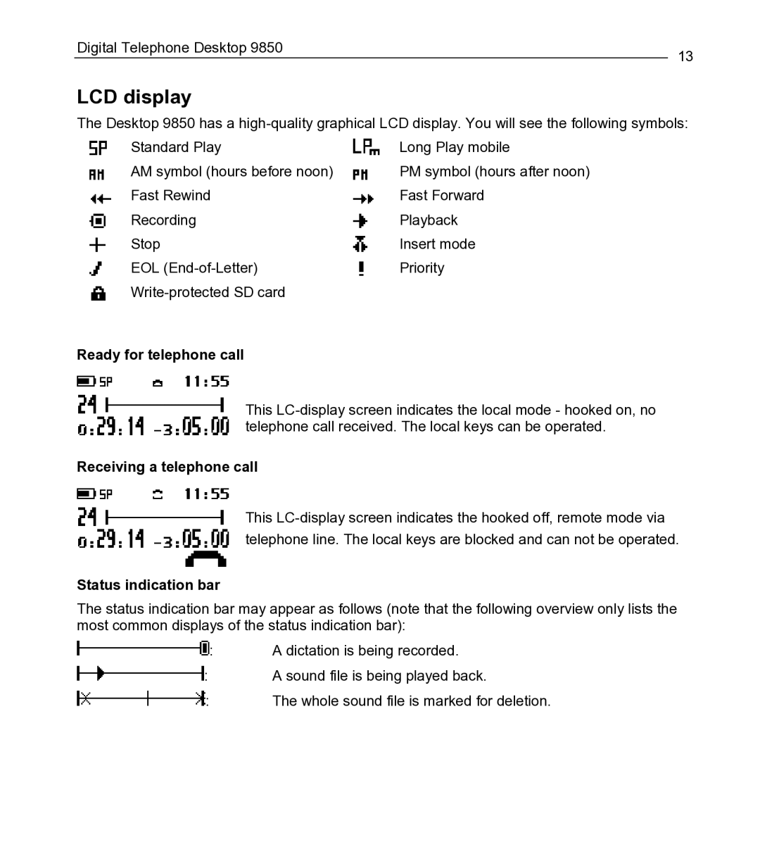 Philips 9850 manual LCD display, Ready for telephone call, Receiving a telephone call, Status indication bar 