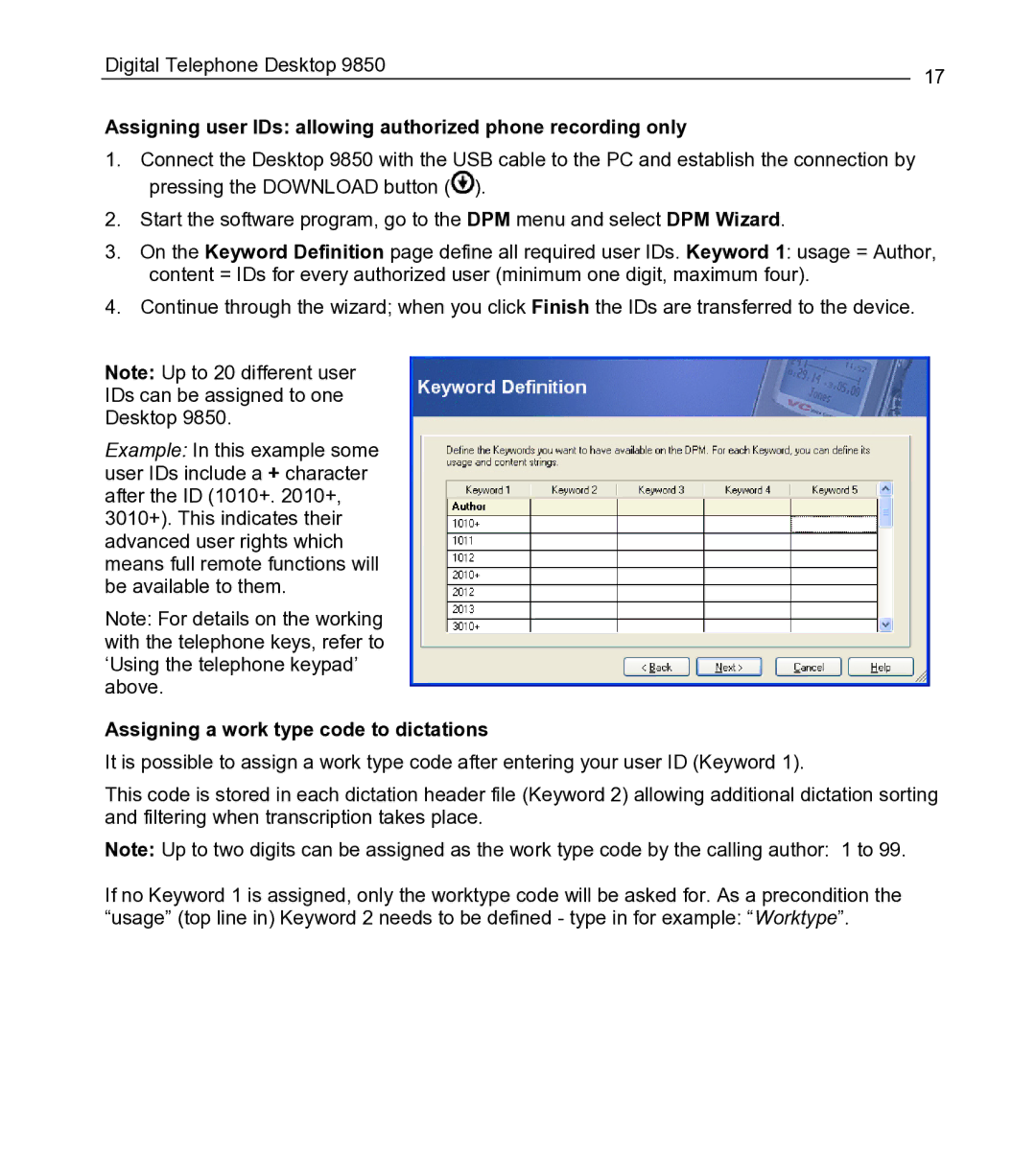 Philips 9850 manual Assigning user IDs allowing authorized phone recording only, Assigning a work type code to dictations 