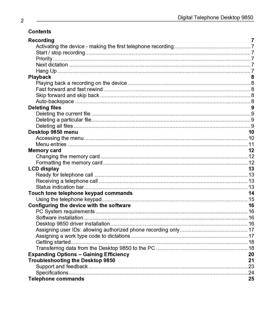 Philips Contents Recording, Playback, Deleting files, Desktop 9850 menu, Memory card, LCD display, Telephone commands 