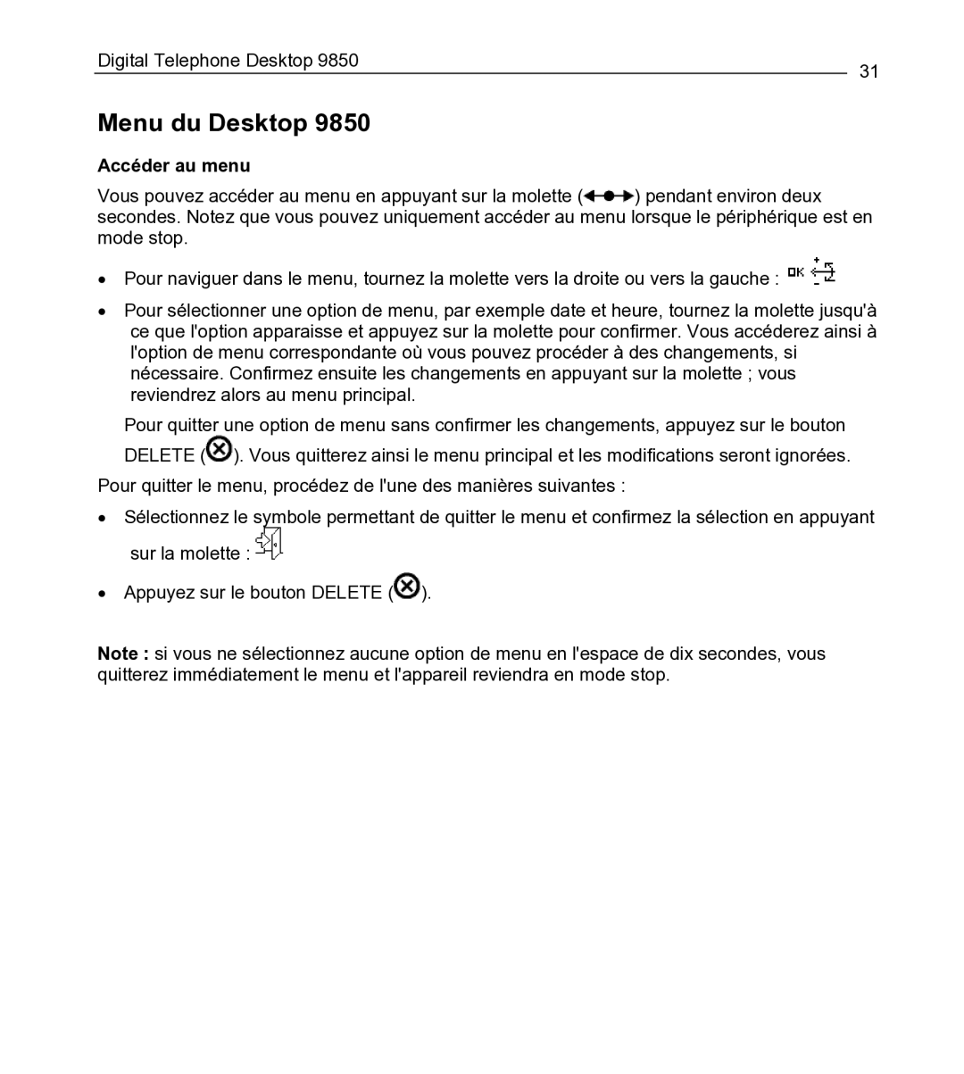 Philips 9850 manual Menu du Desktop, Accéder au menu 