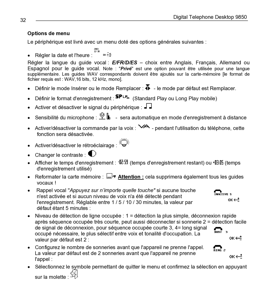 Philips 9850 manual Options de menu 