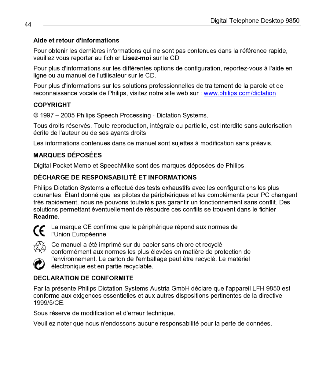 Philips 9850 manual Aide et retour dinformations, Décharge DE Responsabilité ET Informations 