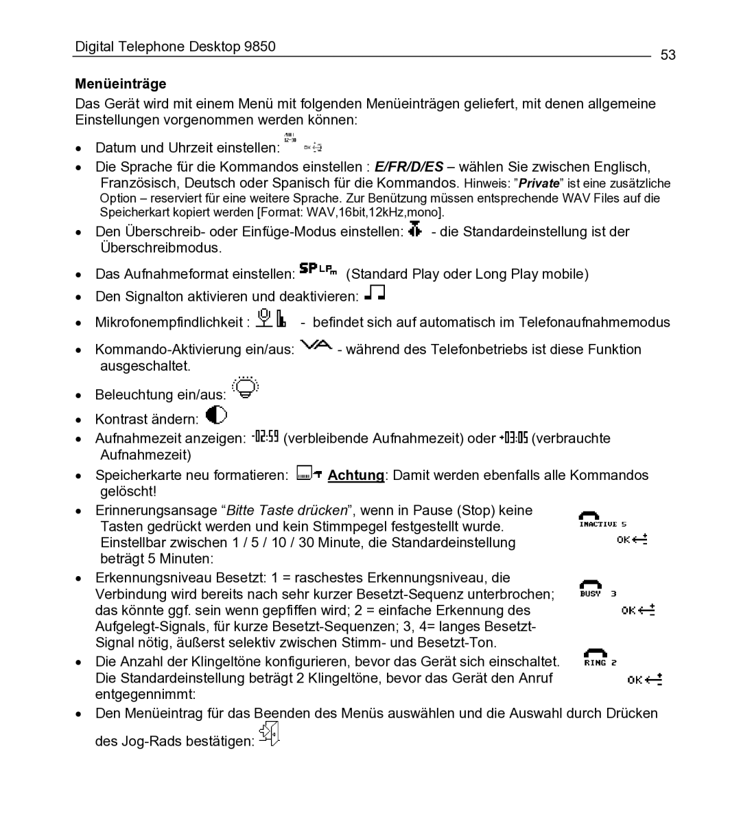 Philips 9850 manual Menüeinträge 