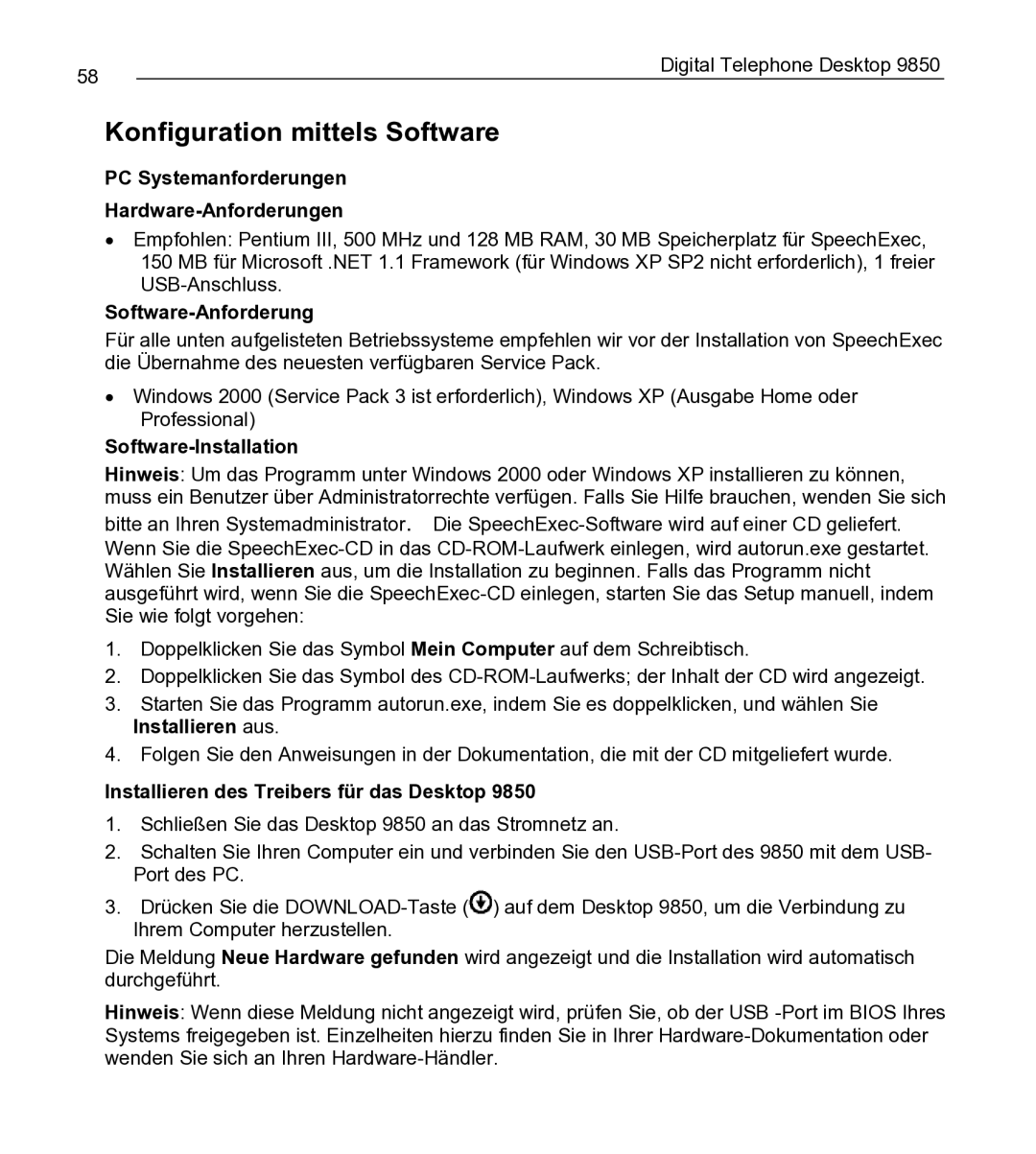 Philips 9850 manual Konfiguration mittels Software, PC Systemanforderungen Hardware-Anforderungen, Software-Anforderung 