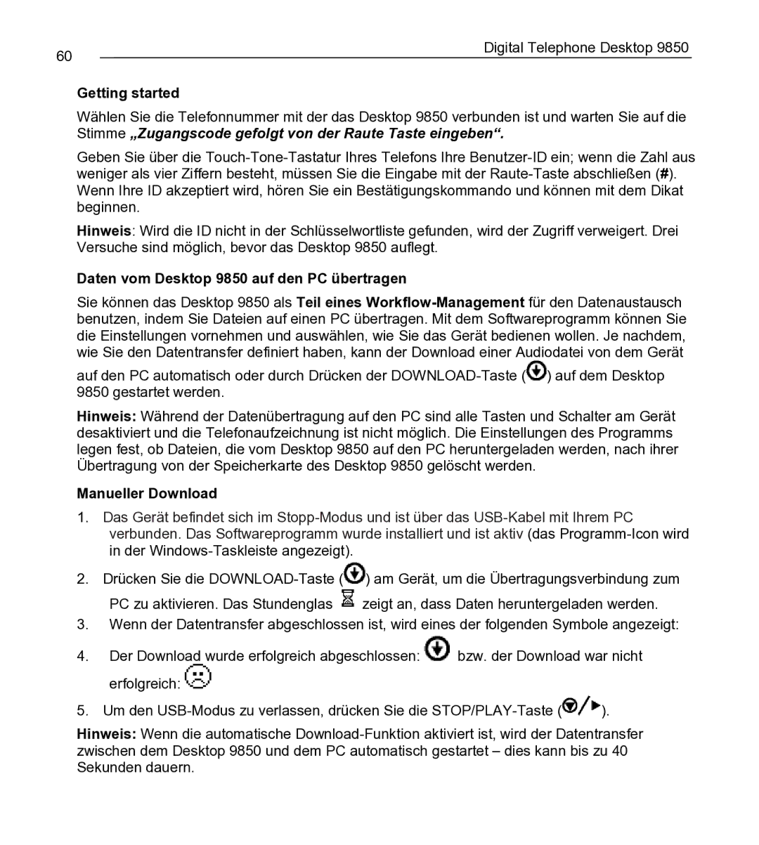 Philips manual Daten vom Desktop 9850 auf den PC übertragen, Manueller Download 