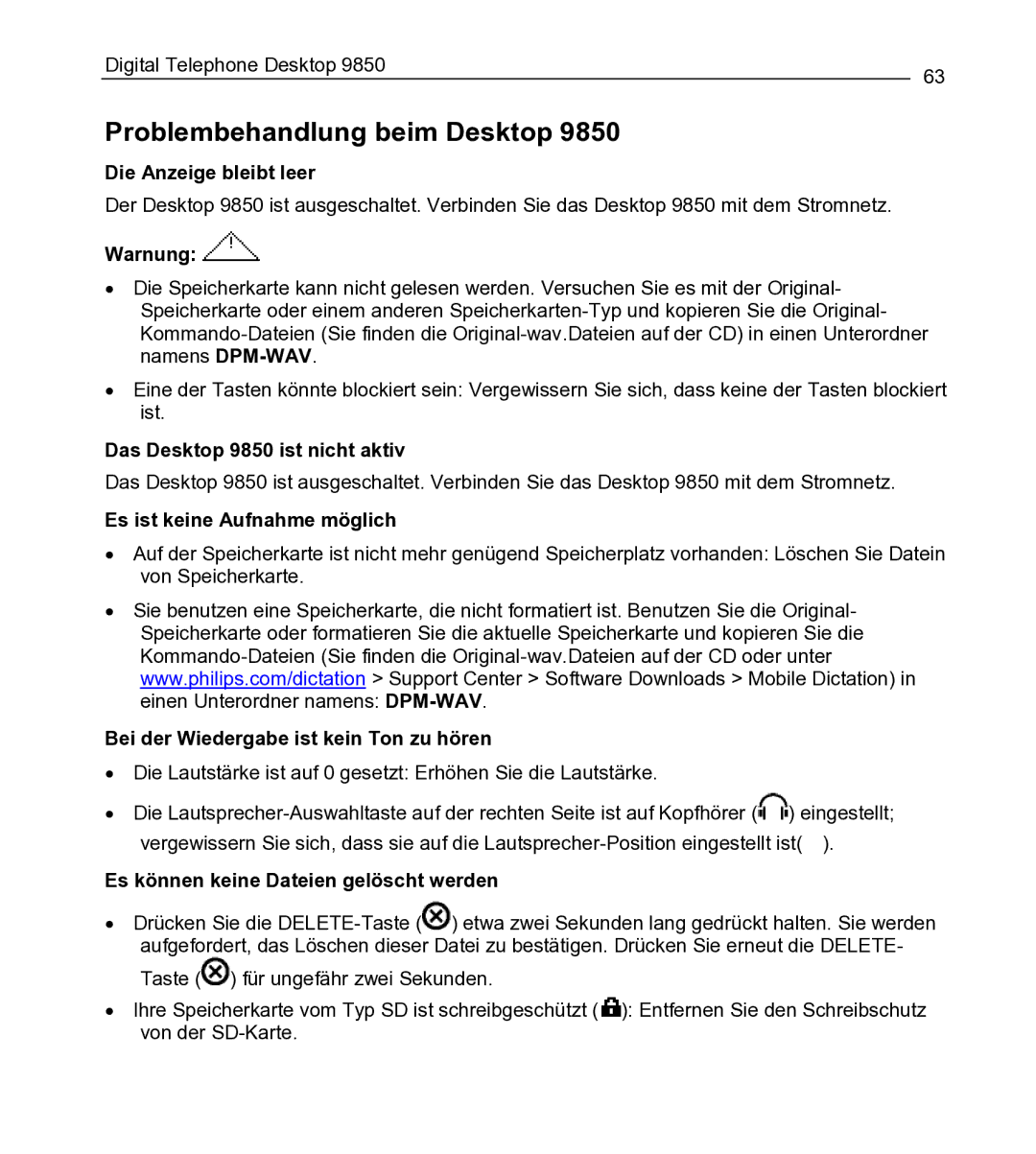 Philips 9850 manual Problembehandlung beim Desktop 