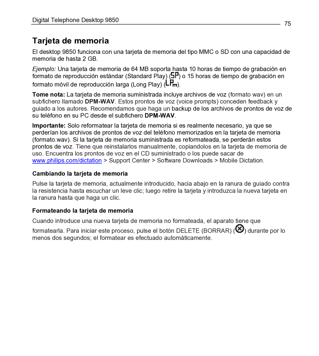 Philips 9850 manual Tarjeta de memoria, Cambiando la tarjeta de memoria, Formateando la tarjeta de memoria 