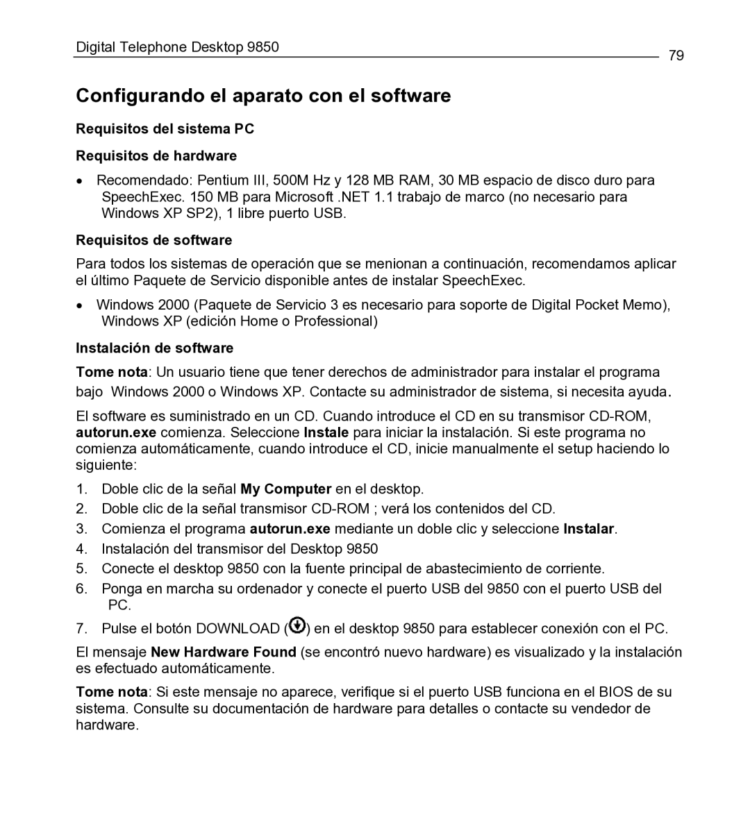 Philips 9850 manual Configurando el aparato con el software, Requisitos del sistema PC Requisitos de hardware 