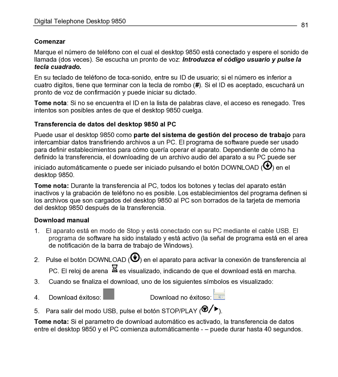 Philips Comenzar, Transferencia de datos del desktop 9850 al PC, Download manual 