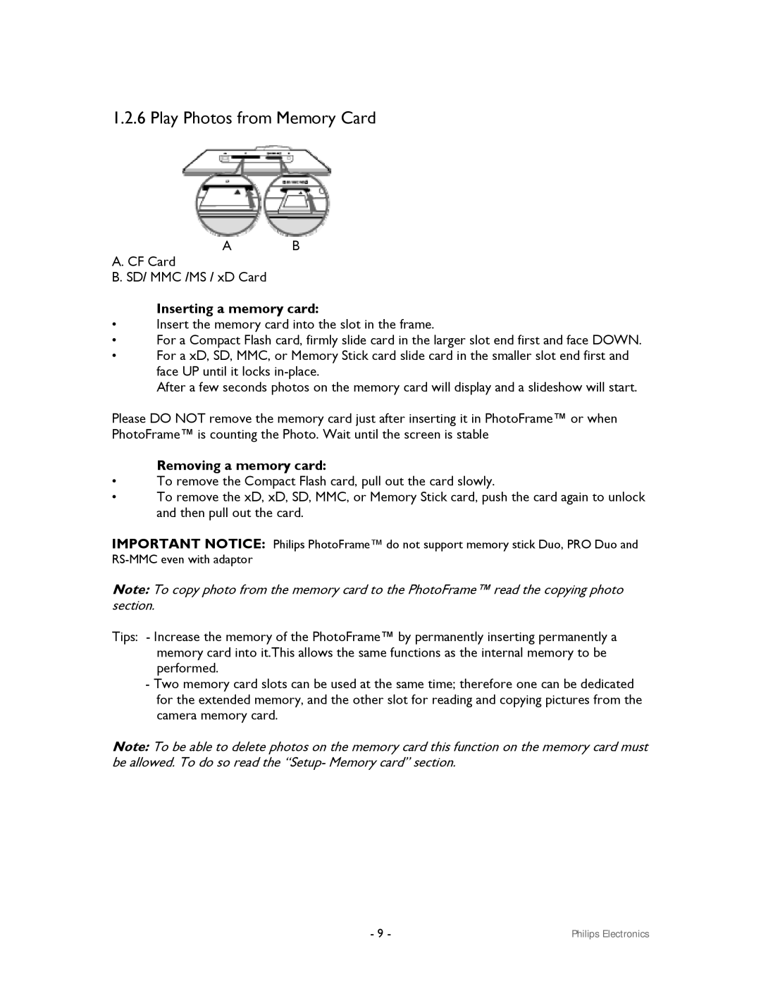 Philips 99F2 user manual Play Photos from Memory Card, Inserting a memory card, Removing a memory card 