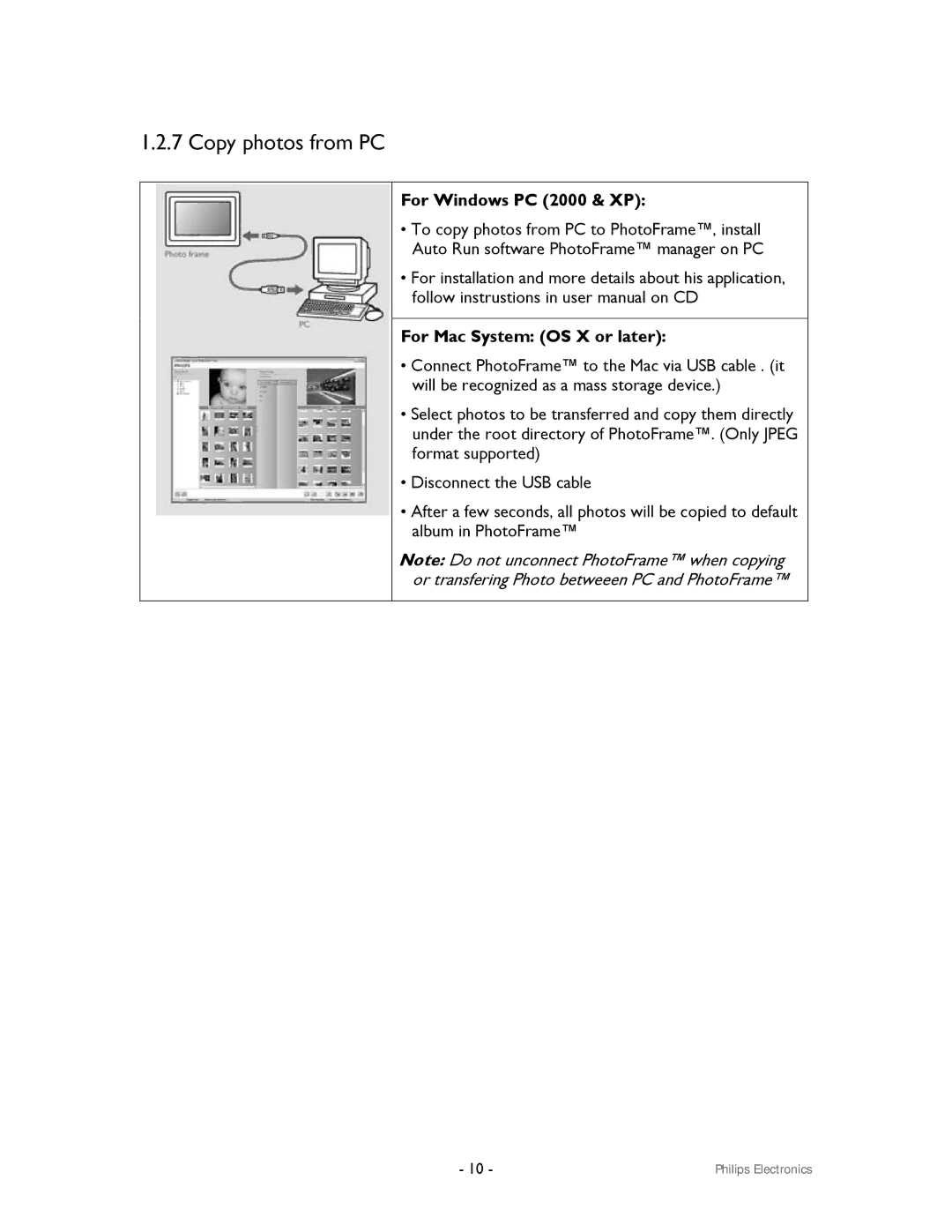 Philips 99F2 user manual Copy photos from PC, For Windows PC 2000 & XP, For Mac System OS X or later 