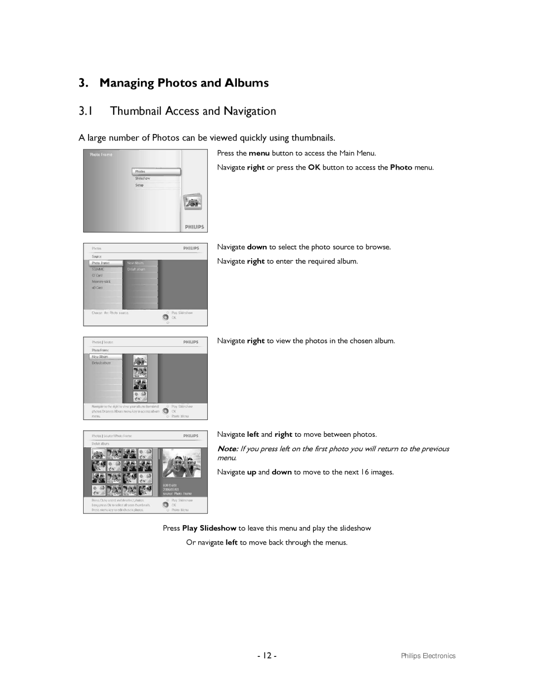 Philips 99F2 user manual Managing Photos and Albums, Thumbnail Access and Navigation 