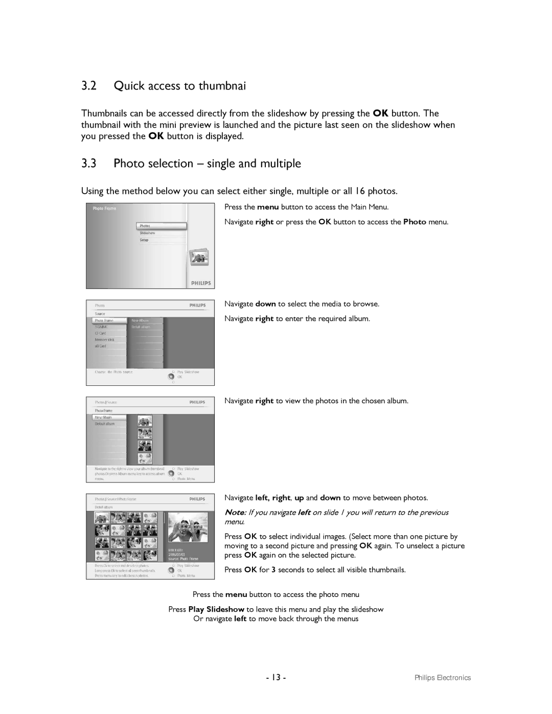 Philips 99F2 user manual Quick access to thumbnai, Photo selection single and multiple 