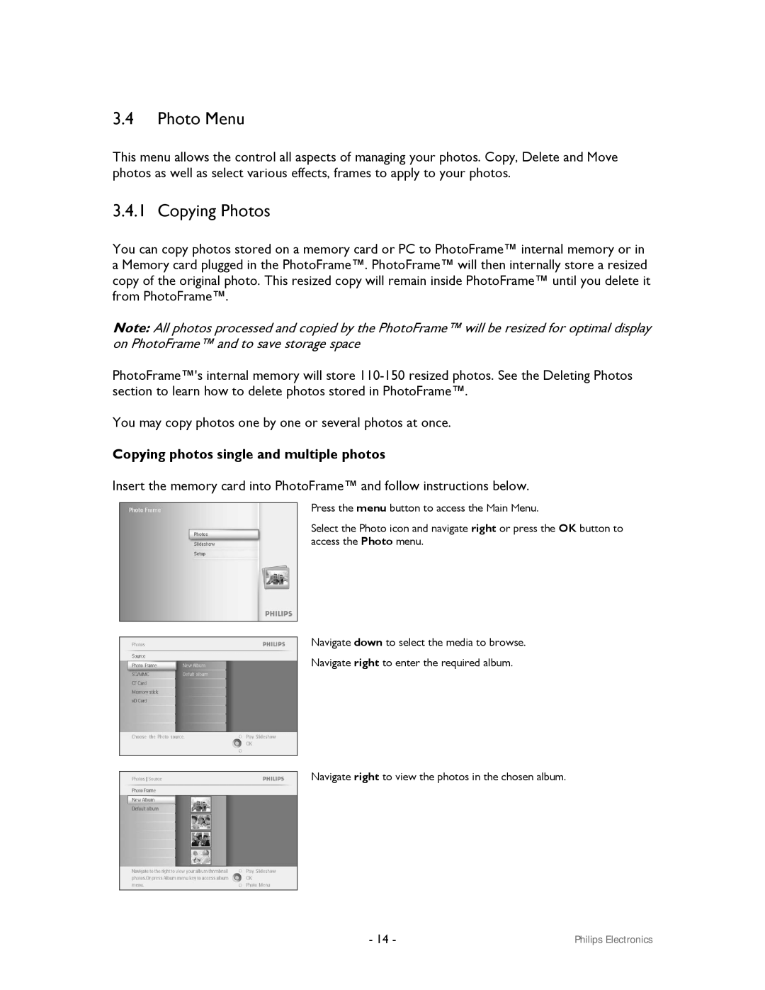 Philips 99F2 user manual Photo Menu, Copying Photos, Copying photos single and multiple photos 