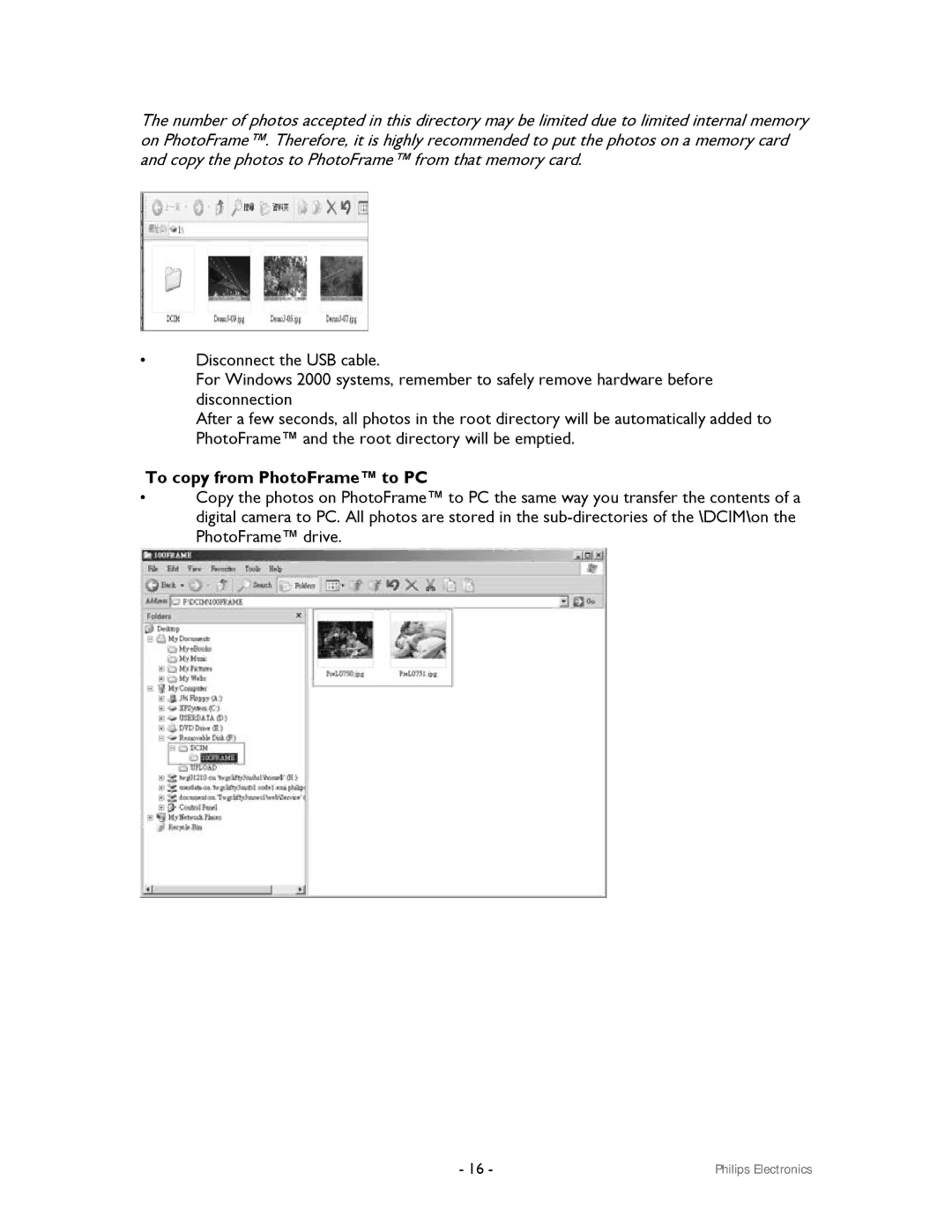 Philips 99F2 user manual To copy from PhotoFrame to PC 